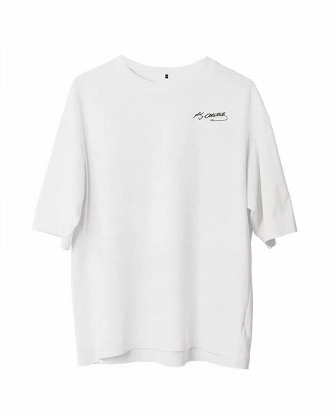 Unisex Bisiklet Yaka Baskılı Oversize T-shirt - Beyaz ürün görseli 1