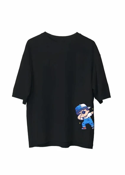 Unisex Bisiklet Yaka Baskılı Oversize T-shirt - Siyah ürün görseli 1