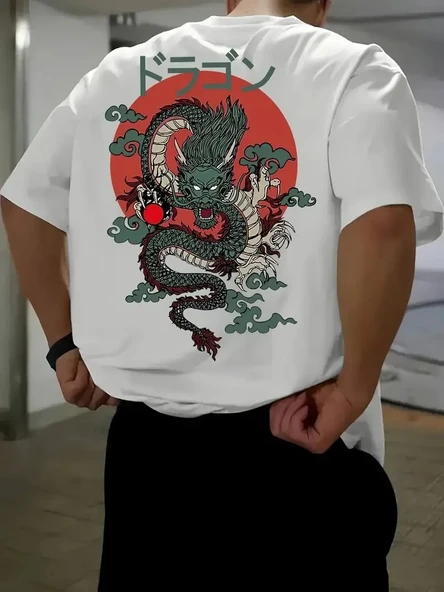 20/1 Penye Compack Ön Arka Ejder Baskılı Oversize Bisiklet Yaka T-shirt - Beyaz ürün görseli 1