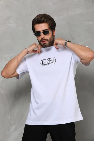 Unisex Bisiklet Yaka Baskılı Oversize T-shirt - Beyaz ürün görseli 1