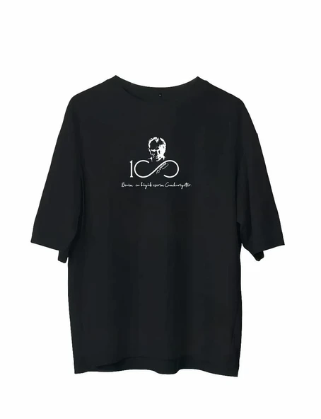 Unisex Bisiklet Yaka Baskılı Oversize T-shirt - Siyah ürün görseli 1