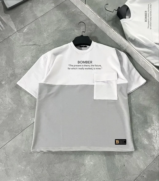 Unisex Torba Cep Detaylı  Parçalı T-shirt - Gri ürün görseli 1