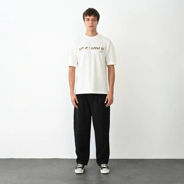 Unisex Bisiklet Yaka Baskılı Oversize T-shirt - Beyaz ürün görseli 1