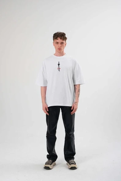 Unisex Bisiklet Yaka Baskılı Oversize T-shirt - Beyaz ürün görseli 1