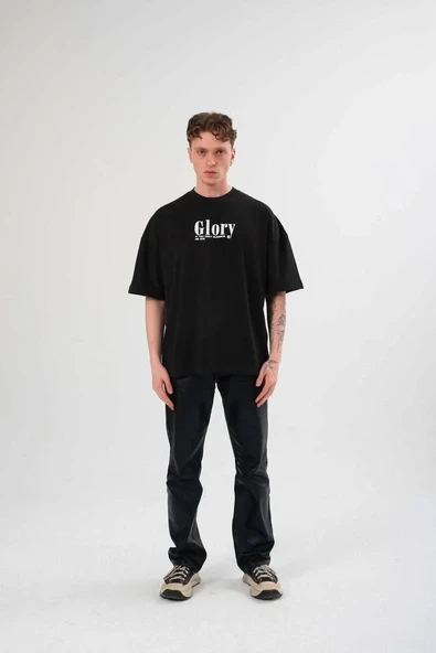 Unisex Bisiklet Yaka Baskılı Oversize T-shirt - Siyah ürün görseli 1