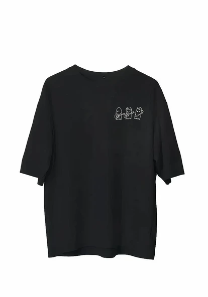 Unisex Bisiklet Yaka Baskılı Oversize T-shirt - Siyah ürün görseli 1