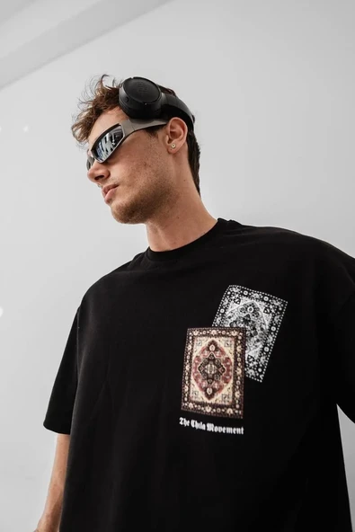 Erkek Baskılı Oversize T-shirt - Siyah ürün görseli 1
