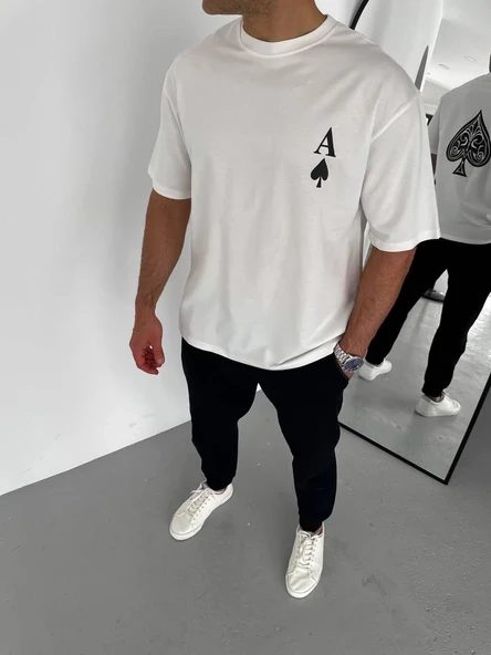 Unisex Bisiklet Yaka Baskılı Oversize T-shirt - Beyaz ürün görseli 1
