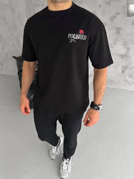 Unisex Bisiklet Yaka Baskılı Oversize T-shirt - Siyah ürün görseli 1