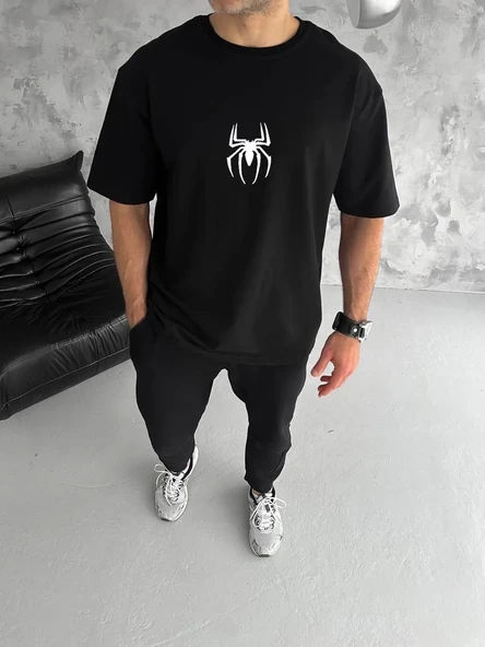 Unisex Bisiklet Yaka Baskılı Oversize T-shirt - Siyah ürün görseli 1