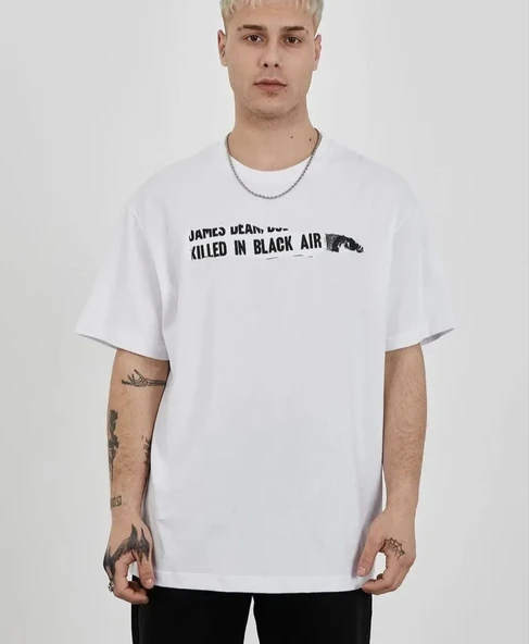 Unisex Bisiklet Yaka Baskılı Oversize T-shirt - Beyaz ürün görseli 1