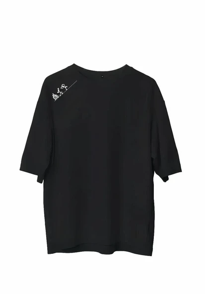 Unisex Bisiklet Yaka Baskılı Oversize T-shirt - Siyah ürün görseli 1
