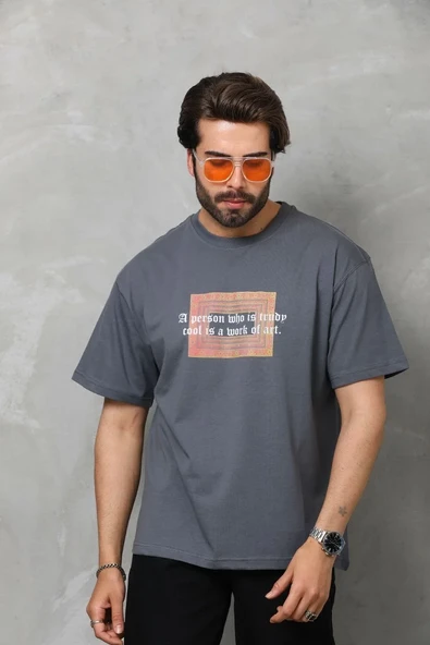 Unisex Bisiklet Yaka Baskılı Oversize T-shirt - Füme ürün görseli 1
