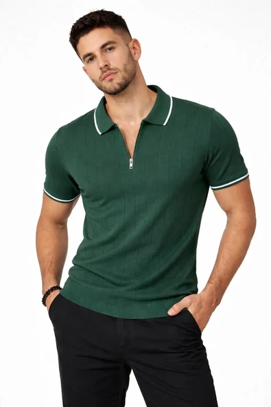 Erkek Fermuarlı Yaka Fitilli Triko Kısa Kollu Regular Fit Tişört T-shirt - Yeşil ürün görseli 1