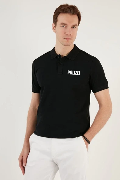 Yakası Düğmeli Yakalı Pike Baskılı T-shirt - Siyah ürün görseli 1