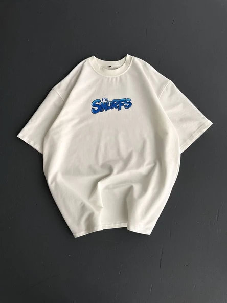 Ön Ve Arka Baskılı Oversize Bisiklet Yaka T-shirt- Beyaz ürün görseli 1