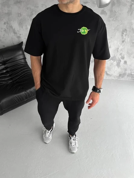 Unisex Bisiklet Yaka Baskılı Oversize T-shirt - Siyah ürün görseli 1