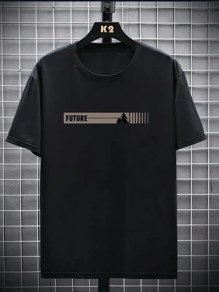 20/1 Penye Compack Futre Baskılı Oversize Kısa Kol Bisiklet Yaka T-shirt - Siyah ürün görseli 1