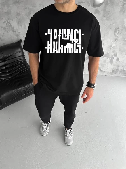Unisex Bisiklet Yaka Katlanan Baskılı T-shirt - Siyah ürün görseli 1