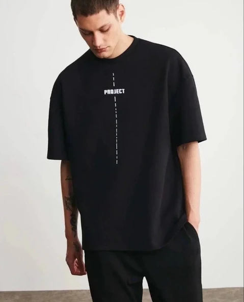 Unisex Bisiklet Yaka Baskılı Oversize T-shirt - Siyah ürün görseli 1