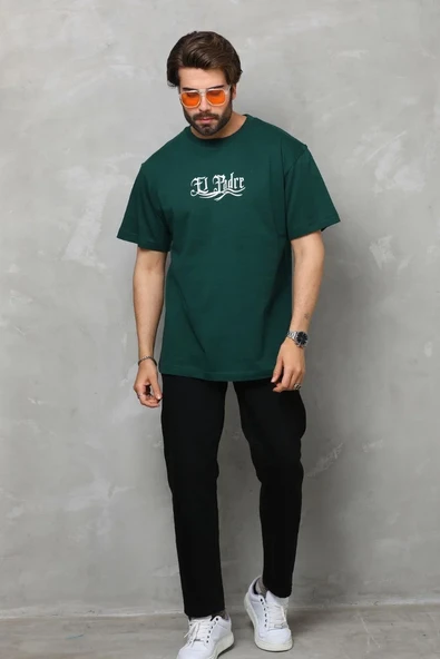 Unisex Bisiklet Yaka Baskılı Oversize T-shirt - Yeşil ürün görseli 1
