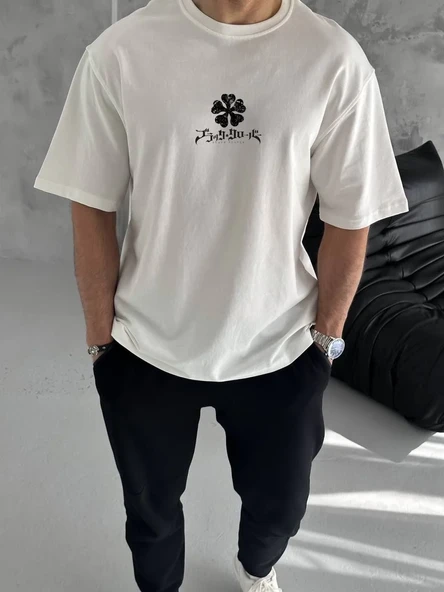 Unisex Bisiklet Yaka Baskılı Oversize T-shirt - Beyaz ürün görseli 1