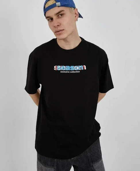 Unisex Bisiklet Yaka Baskılı Oversize T-shirt - Siyah ürün görseli 1