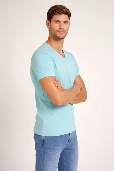 Erkek T-shirt V Yaka Slim Fit Dar Kesim Likralı Tişört Günlük Basic Body - Turkuvaz ürün görseli 1