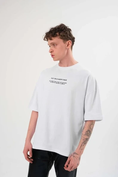 Unisex Bisiklet Yaka Baskılı Oversize T-shirt - Beyaz ürün görseli 1