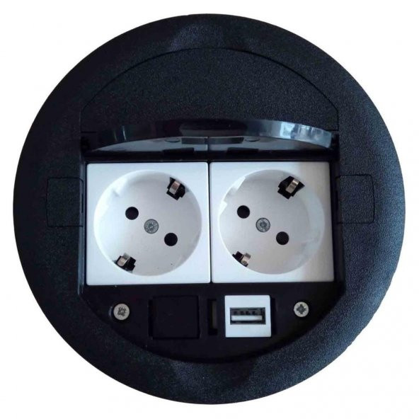 Masa Üstü Priz Kutusu Gömme Tip Siyah + 2 Ad. Priz + 1 Ad. USB Geçiş ürün görseli 1