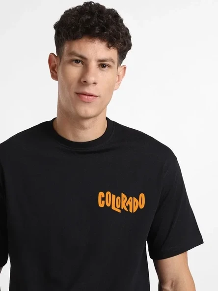 Erkek Baskılı Oversize T-shirt - Siyah - Resim 4