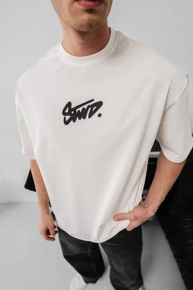 Erkek Baskılı Oversize T-shirt - Beyaz - Resim 5