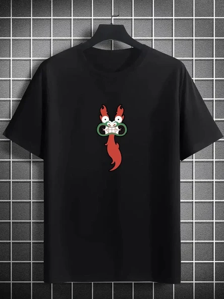 Unisex Bisiklet Yaka Baskılı Oversize T-shirt - Siyah ürün görseli 1