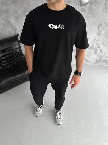 Unisex Bisiklet Yaka Baskılı Oversize T-shirt - Siyah ürün görseli 1