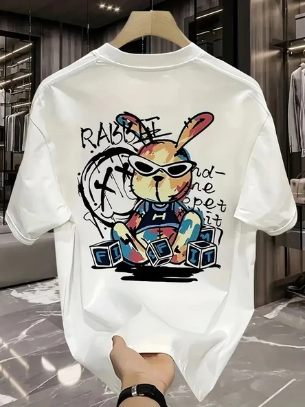 Güneş Gözlüğü Grafikli Karikatür Tavşan Oversize Kısa Kollu Tişört Çift Tişört, İlkbahar Ve Yaz - Beyaz ürün görseli 1