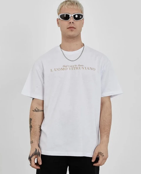 Unisex Bisiklet Yaka Baskılı Oversize T-shirt - Beyaz ürün görseli 1