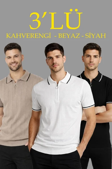 Erkek 3’lü Paket Dokuma Triko  Fermuarlı Yakalı Fitilli Kısa Kollu Regular Fit Tişört - Kahverengi, Beyaz, Siyah ürün görseli 1