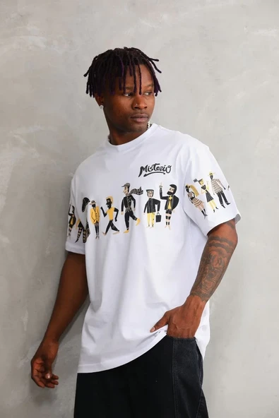 Unisex Bisiklet Yaka Baskılı Oversize T-shirt - Beyaz ürün görseli 1