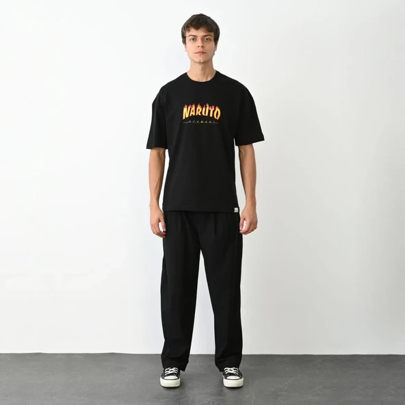 Unisex Bisiklet Yaka Baskılı Oversize T-shirt - Siyah ürün görseli 1
