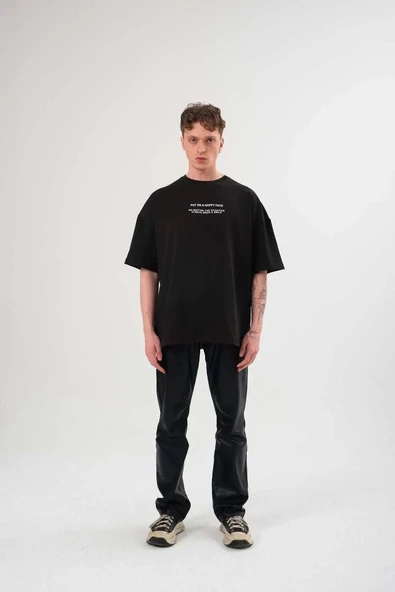 Unisex Bisiklet Yaka Baskılı Oversize T-shirt - Siyah ürün görseli 1