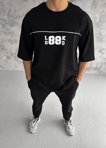 Unisex Bisiklet Yaka Baskılı Oversize T-shirt - Siyah ürün görseli 1