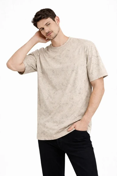 Erkek Asit Yıkama Bisiklet Yaka Kısa Kollu Oversize T-shirt Tişört - Bej ürün görseli 1