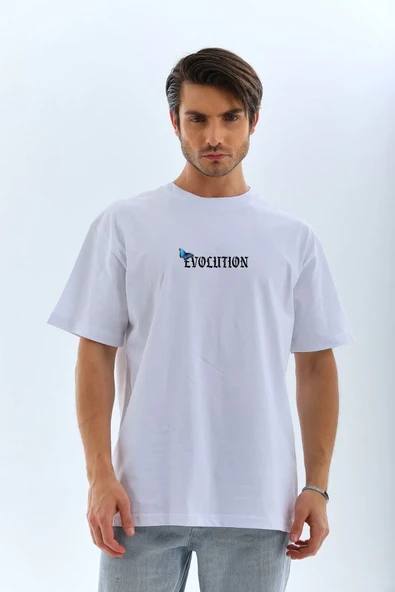 Unisex Bisiklet Yaka Baskılı Oversize T-shirt - Beyaz ürün görseli 1