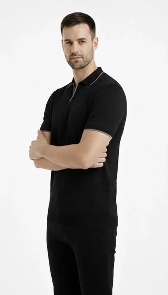 Erkek Triko Kumaş Yakalı Düğmesiz Açık Yaka Fitilli Kısa Kollu Regular Fit Tişört T-shirt - Siyah ürün görseli 1