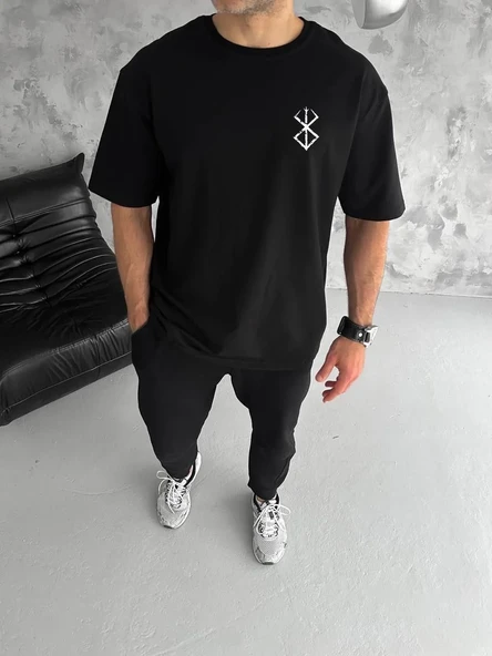 Unisex Bisiklet Yaka Baskılı Oversize T-shirt - Siyah ürün görseli 1