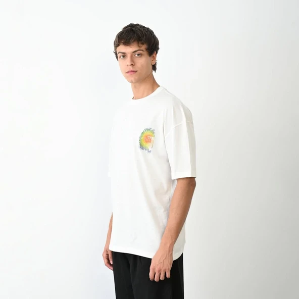 Unisex Bisiklet Yaka Baskılı Oversize T-shirt - Beyaz ürün görseli 1