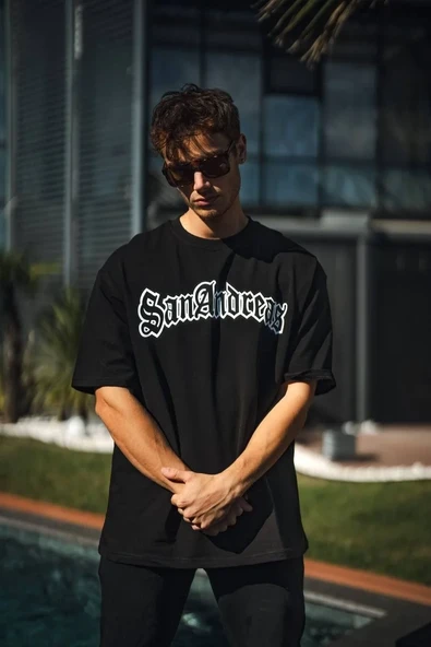 Unisex Bisiklet Yaka Baskılı Oversize T-shirt - Siyah ürün görseli 1