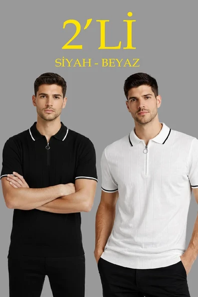 Erkek 2’li Paket Dokuma Triko  Fermuarlı Yakalı Fitilli Kısa Kollu Regular Fit Tişört - Beyaz & Siyah ürün görseli 1