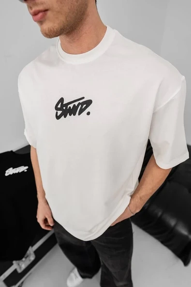 Erkek Baskılı Oversize T-shirt - Beyaz - Resim 2