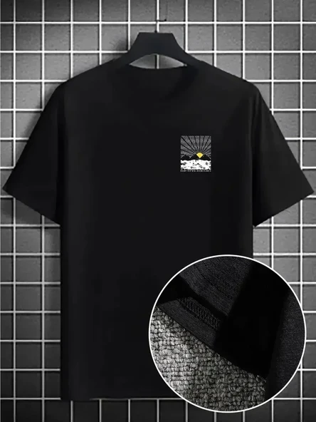 Erkek Dağ Grafikli Tişört, Yaz İçin Büyük Beden Rahat T-shirt - Siyah ürün görseli 1